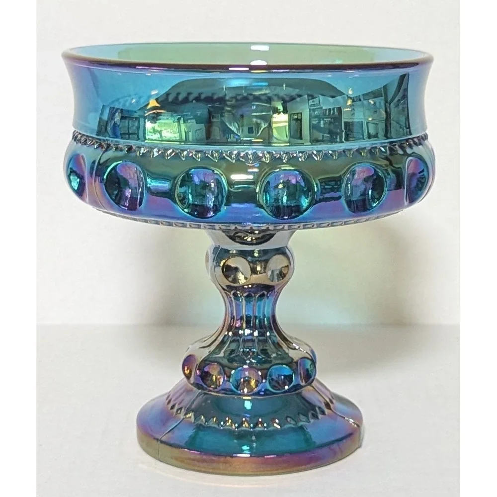 Vintage Indiana Glass King's Crown Blue Carnival Glass Compote Thumbprint 5.75